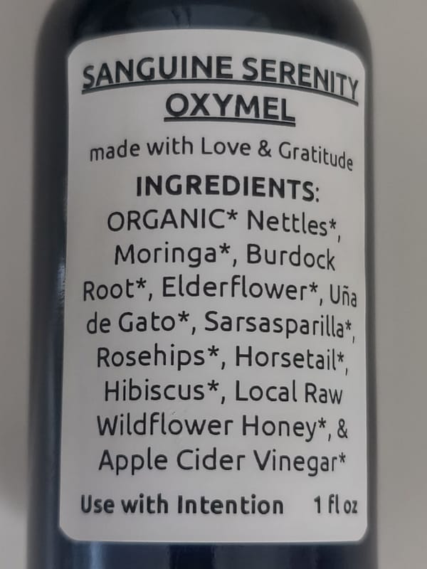 Sanguine Serenity Oxymel Elixir Label